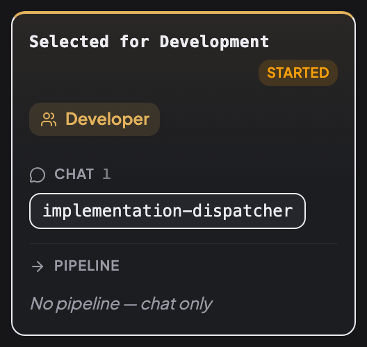Потік ролі Selected for Development: Розробник, чат-агент implementation-dispatcher, без пайплайна.