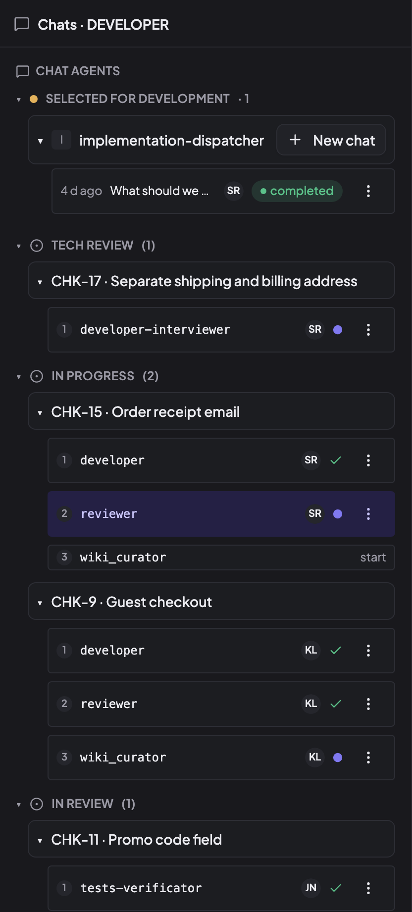 Чати розробника в CRUX: implementation-dispatcher у Selected for Development, CHK-17 у Tech Review із запущеним developer-interviewer, CHK-15 у In Progress з готовим developer і запущеним reviewer, CHK-9 із запущеним wiki_curator і CHK-11 у In Review з готовим tests-verificator.