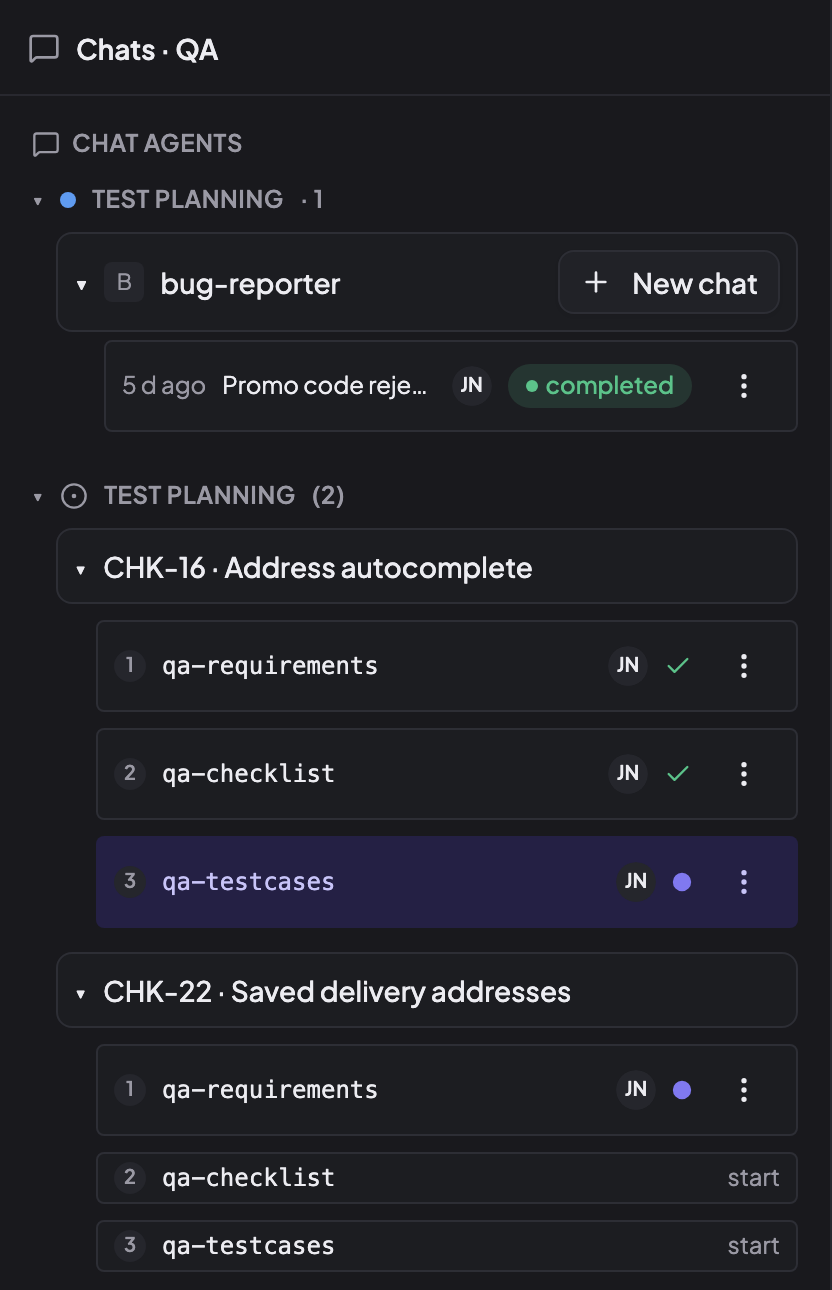 Чати QA в CRUX: чат-агент bug-reporter у Test Planning, CHK-16 з готовими qa-requirements і qa-checklist та запущеним qa-testcases, і CHK-22 із запущеним qa-requirements.